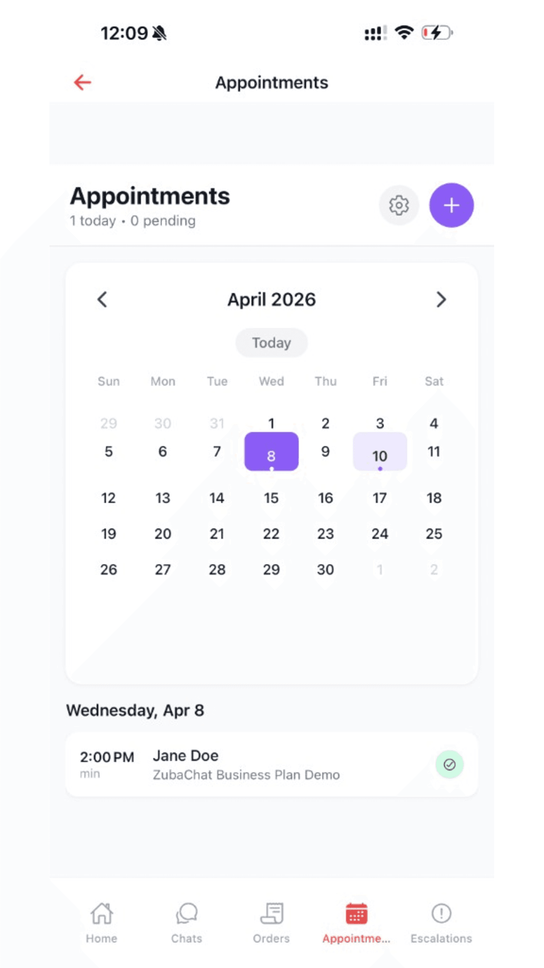 ZubaChat mobile appointments screen - bookings made from conversations