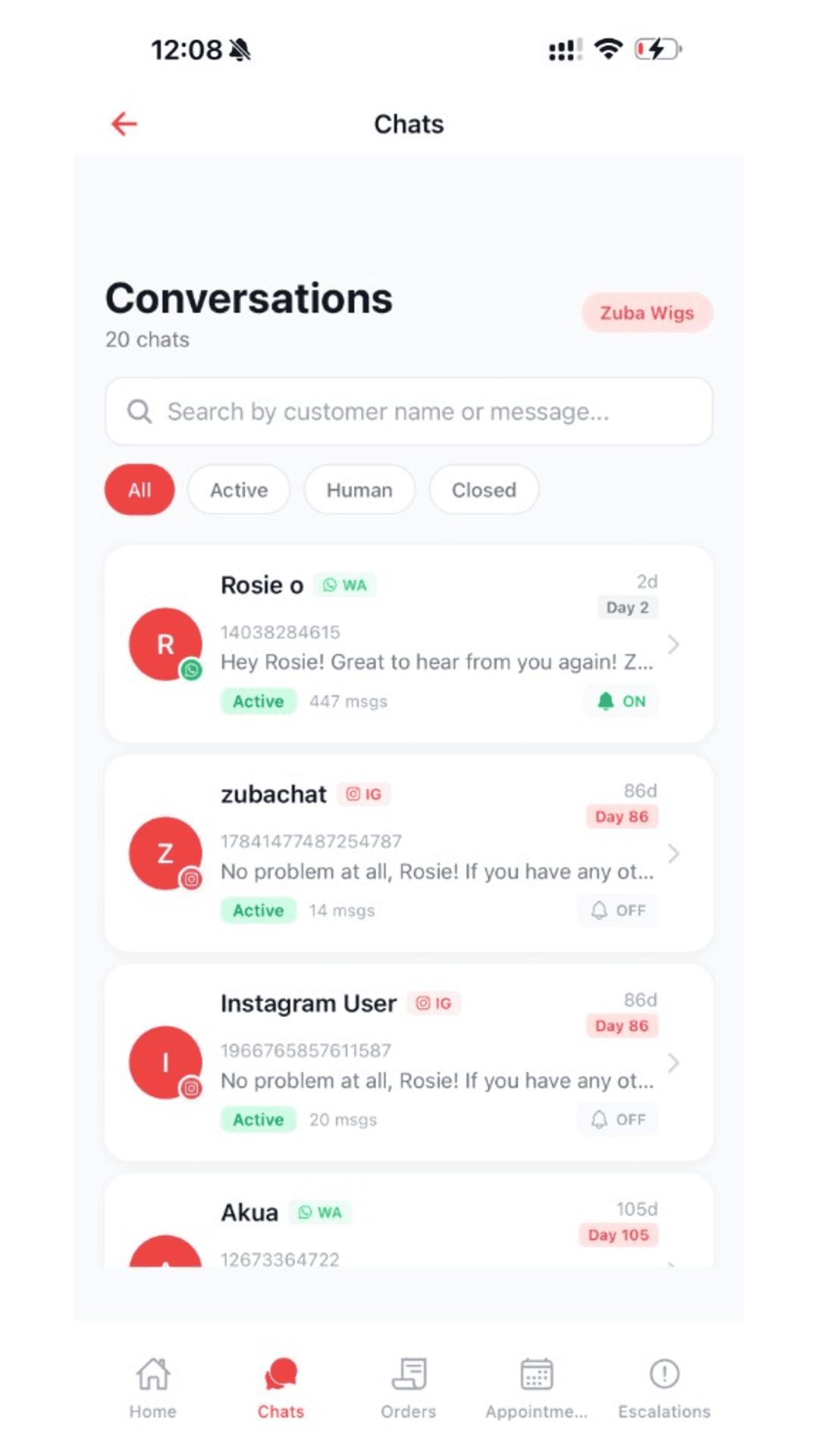 ZubaChat mobile conversations screen - WhatsApp and Instagram in one inbox