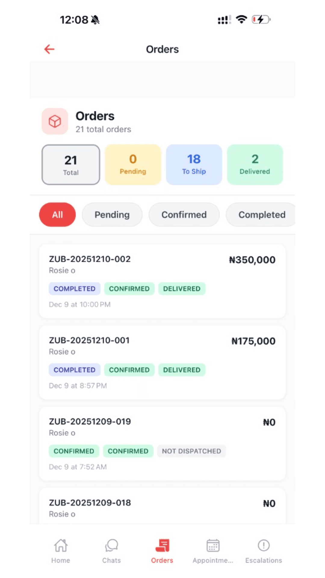 ZubaChat mobile orders screen - orders captured directly from conversations